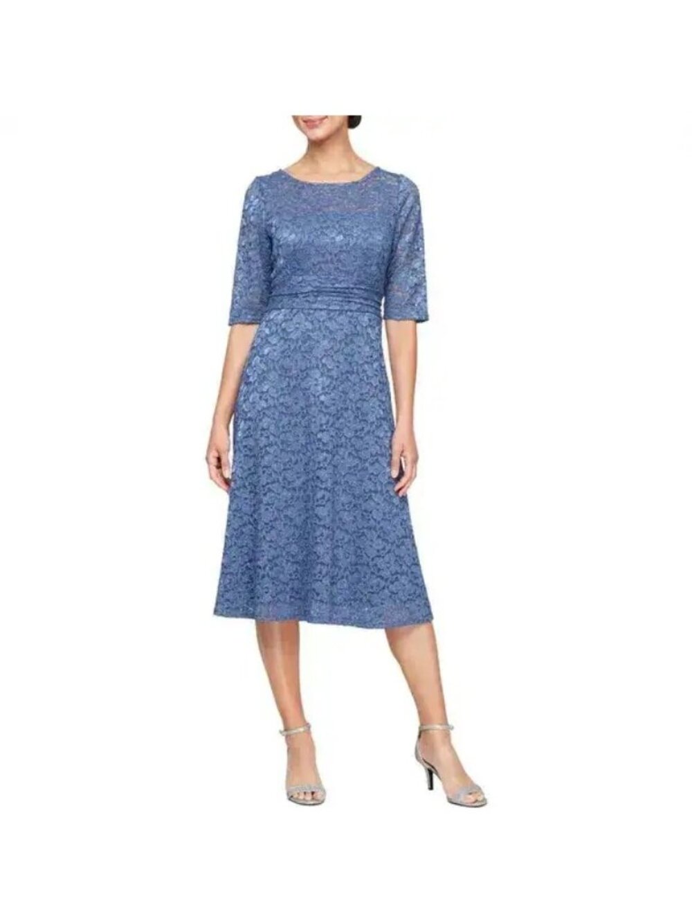 SL Fashions Women’s Glitter Lace Elbow Sleeve A‑Line Dress Blue Size 10 NWT